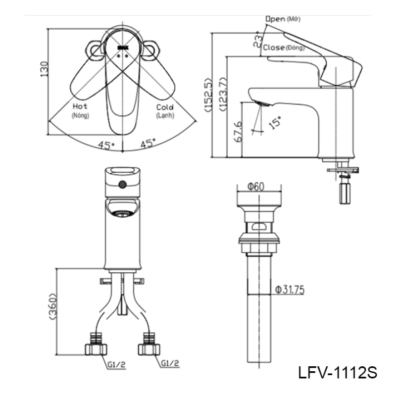Vòi lavabo INAX LFV-1112S, Vòi nóng lạnh